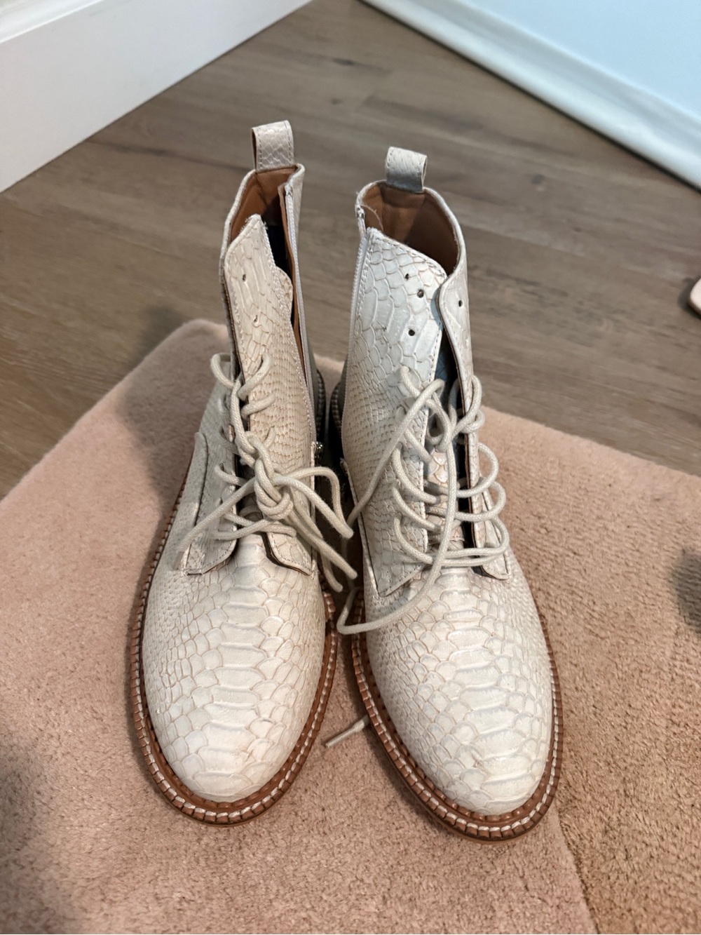Women's Cream Lace-Up Ankle Boots with Croc Texture
